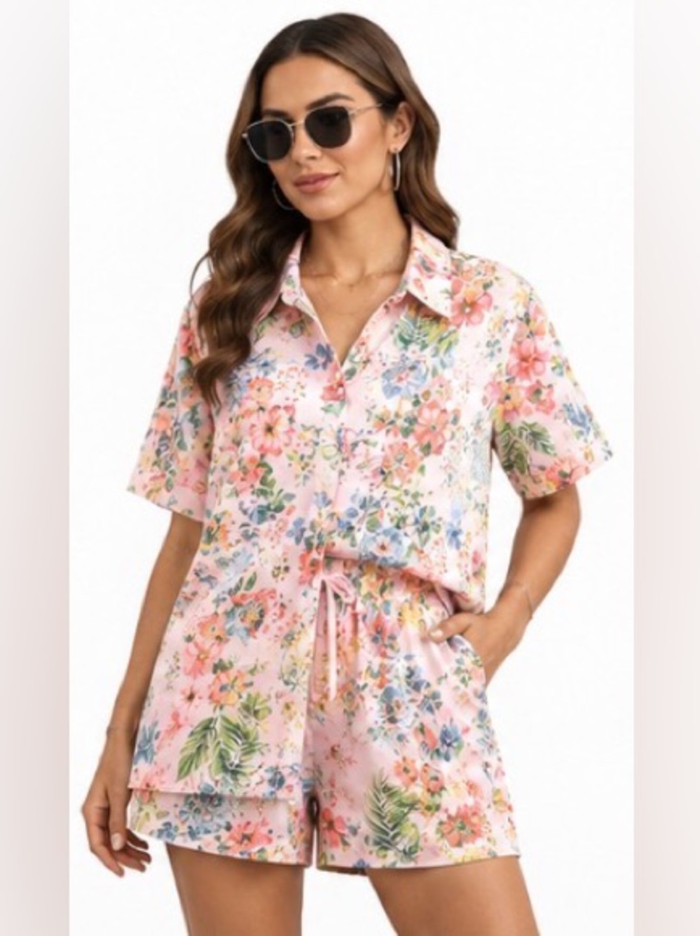 Endless Moon Pink Floral Botanical Shirt Shorts Set Medium NWT